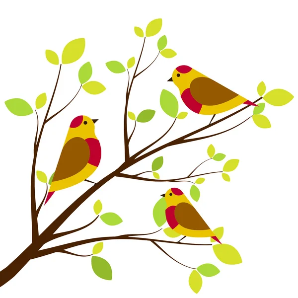 Cute birds sitting on branches. Yellow with red dots birds, white background. — Stock Vector