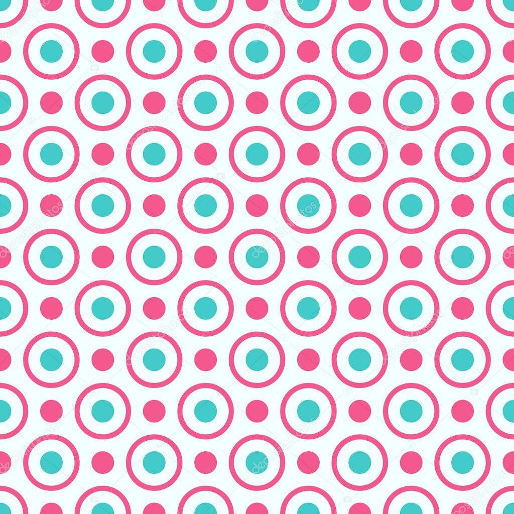 Seamless geometric pattern with bright pink and blue dots and circles. Seamless pattern can be used for wallpaper, pattern fills, web page background, surface textures.