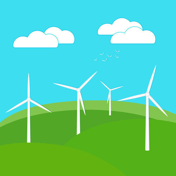 Wind farm. Wind mills landscape view, vector illustration in cartoon style.