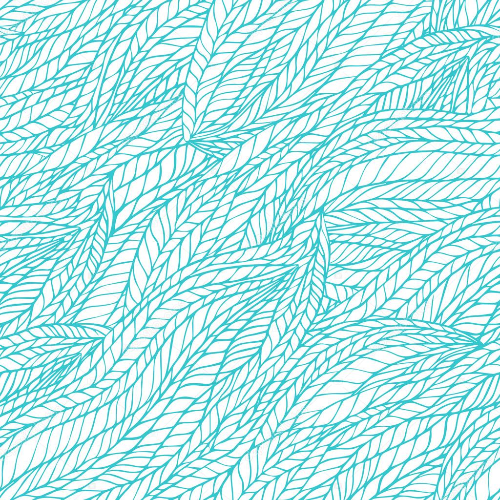 Abstract seamless hand-drawn floral wavy tangle background pattern. Teal blue background.