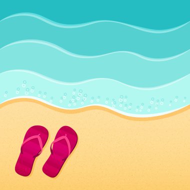 Denizin içinde belgili tanımlık geçmiş ile kum plaj flip-flop.