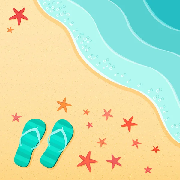 Fondo de verano con chanclas en una playa de mar con conchas de estrellas de mar. Ilustración vectorial — Vector de stock