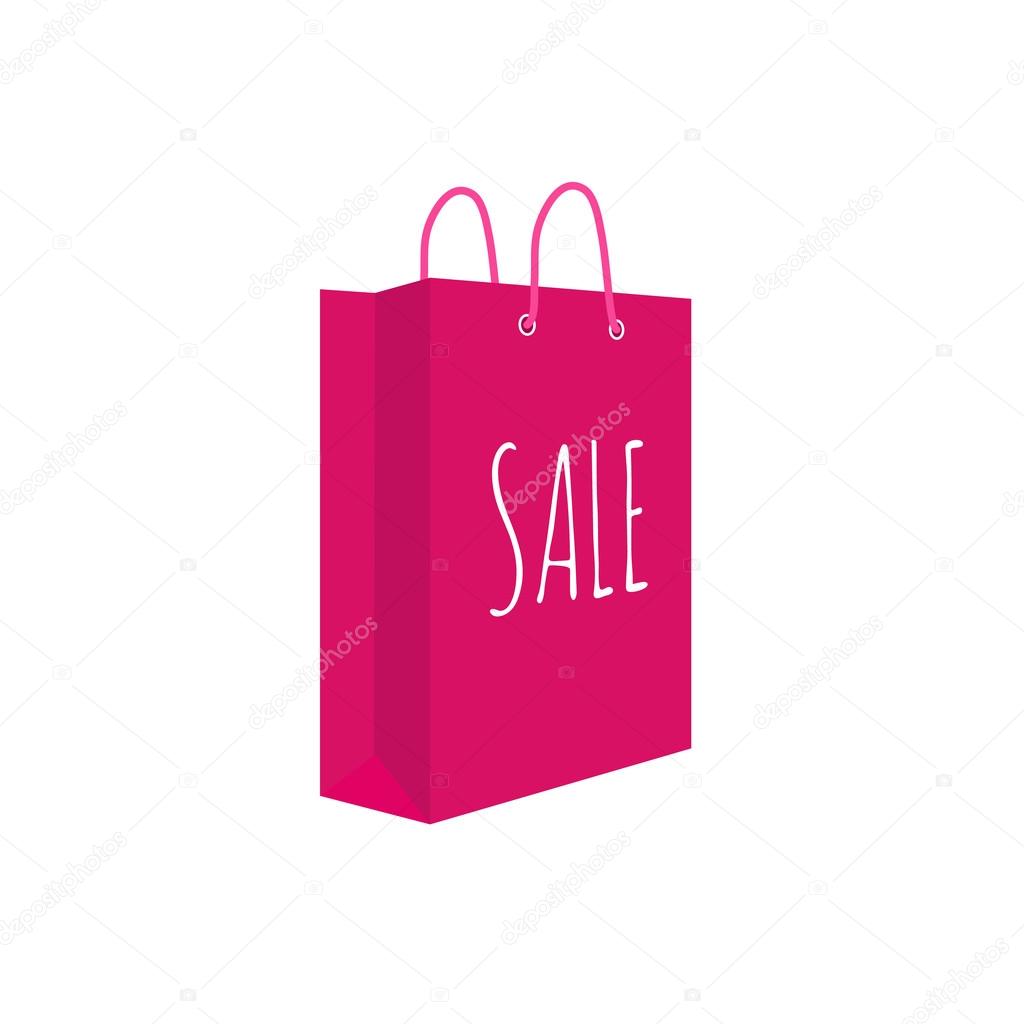 Shopping bag. Sale text, vector illustration. Isolated on white.