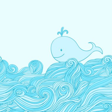 Blue cute whale in the sea waves. Hand-drawn cartoon style illustration.