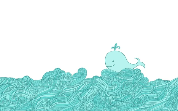 Modrá velryba roztomilý v mořských vln. Ručně kreslená karikatura styl obrázku. — Stockový vektor