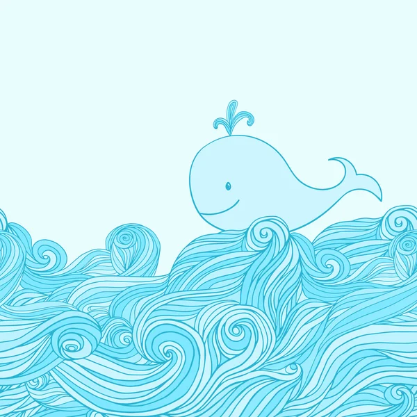 Modrá velryba roztomilý v mořských vln. Ručně kreslená karikatura styl obrázku. — Stockový vektor