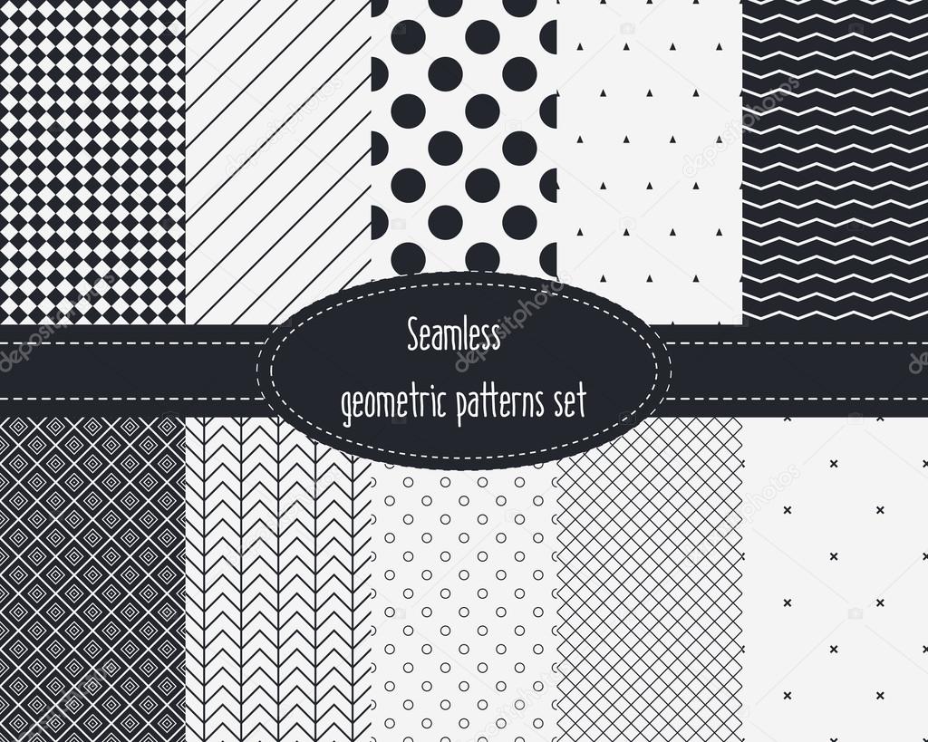 Geometric Seamless Patterns Set. Dark and light grey colors. Black and White. Monochrome backgrounds bundle pack.