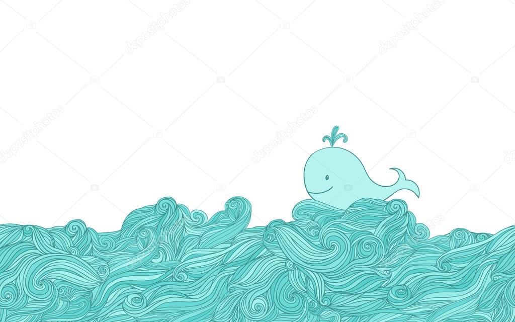 Blue cute whale in the sea waves. Hand-drawn cartoon style illustration.