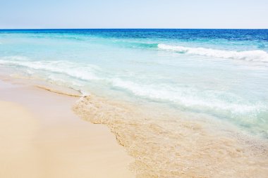 Sandy beach and a tropical sea waves. Beautiful turquoise water
