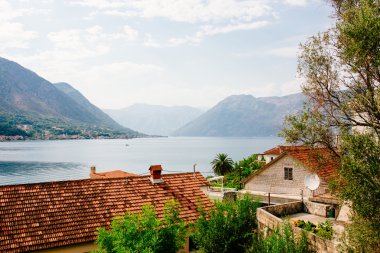 Liman ve güneşli gün eski binalarda, Boka Kotor bay Karadağ, Europe. 