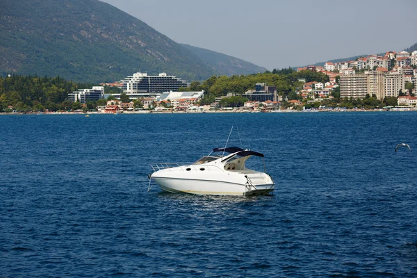 Motorcsónak hajó a tengeren. Montenegró, a Kotori-öböl. — Stock Fotó