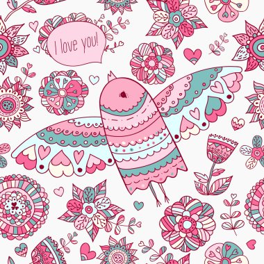Çiçek desenli kuş ile. Sevgililer arka plan metin ile seni seviyorum
