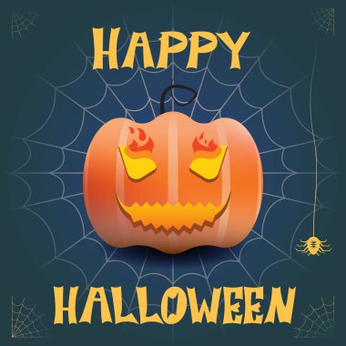 Örümcek ağlı mutlu mavi cadılar bayramı kartı, örümcek ve ateşli gözlü balkabağı.