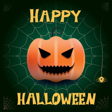 Örümcek ağlı mutlu yeşil cadılar bayramı kartı, örümcek ve siyah gözlü balkabağı