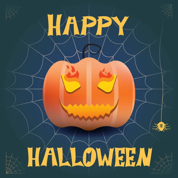 Örümcek ağlı mutlu mavi cadılar bayramı kartı, örümcek ve ateşli gözlü balkabağı.