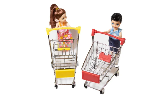 Brinquedo Menino Menina Segurando Carrinho Comida Fundo Isolado Branco — Fotografia de Stock