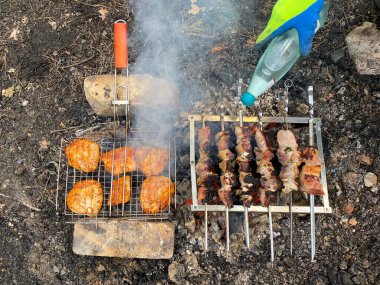 Domuz şiş kebap ve tavuk şiş kebap. Şişte domuz şişi kızartma ve açık ateşte ızgarada tavuk şişi kızartma.