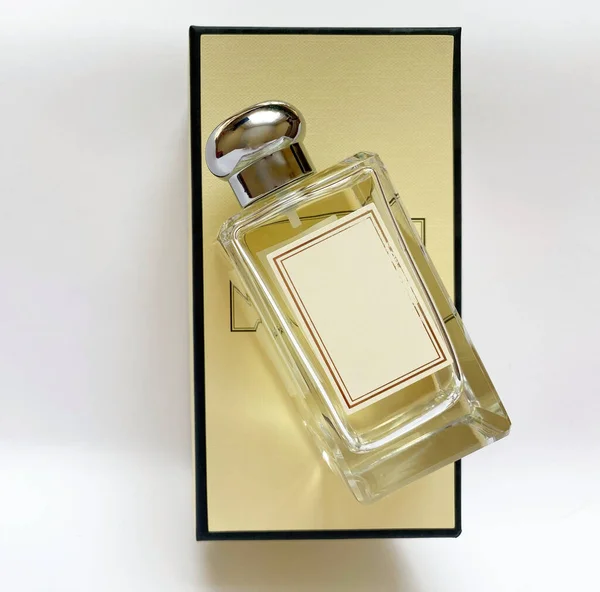 Bottle Perfume Yellow Box White Isolated Background — Stock Photo, Image