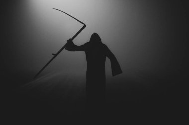 Ölüm Meleği iskeleti siyah bir cübbe giyiyor ve tırpan kullanıyor, Memento Mori, Coronavirus, Salgın ve Salgın Tim