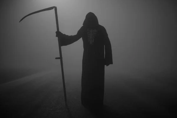 Death Grim Reaper Skeleton Wearing Black Robe Wielding Scythe Memento — Stock Photo, Image