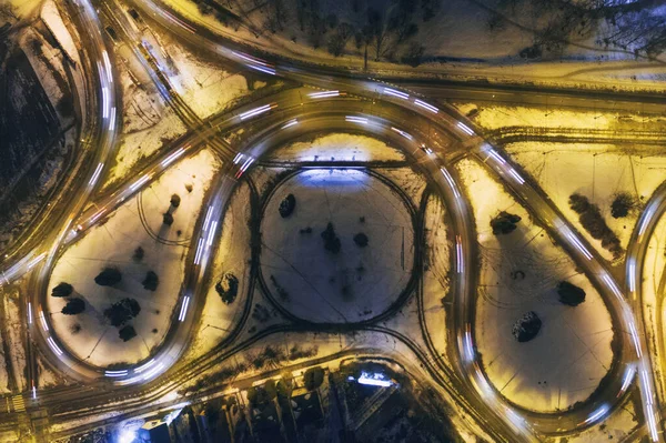 Ring road illuminated at night aerial drone photo view. Bedzin, Silesia Poland