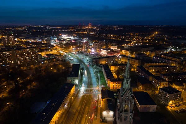 Stadskärnan Natten Kyrkan Staden Uppifrån Dabrowa Gornicza Silesia Polen Flygfoto — Stockfoto