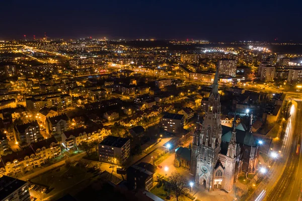 Центр Города Ночью Церковь Городе Сверху Dabrowa Gornicza Silesia Польша — стоковое фото