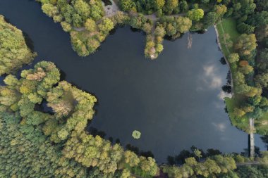 Göl kenarına park et, yeşil ağaçlar Sosnowiec, Silezya, Polonya 'daki bir İHA' nın görüntüsü.