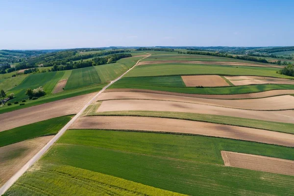Village country farming shapes in field aerial drone photo view