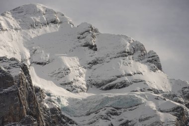 Kışın İsviçre dağlarının manzarası. Mittelhornin bulutları, Schreckhorn ve Wetterhorn. İsviçre 'nin Jungfrauregion bölgesindeki İsviçre Alpleri