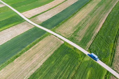 İnsansız hava aracı görüntüsünden köy. Güney Polonya 'da, Krakow County' deki Suloszowa köyü, Küçük Polonya Voyvoda 'sı. Polonya 'da evleri ve tarlaları olan güzel bir köy.
