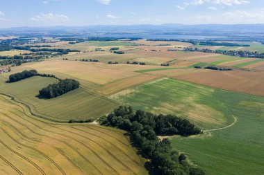 İnsansız hava aracı görüntüsünden köy. Polonya, Nysa 'da evleri ve tarlaları olan güzel bir köy. Polonya tarım arazisi.