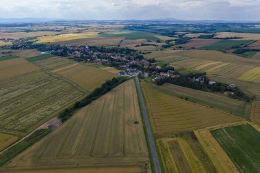 Village from drone aerial view. Beautiful village with houses and fields in Nysa, Poland. Polish farmland. clipart