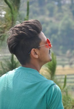 Güneş gözlüğü takan yakışıklı Hintli genç bir adamın arkasından bakın. Doğada dikilirken yukarı bakıyor.