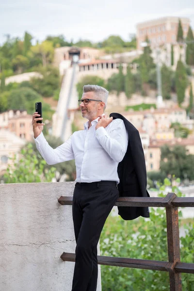 Businessman Doing Video Conference Call Smartphone Talking Street Looking Screen — Stock Photo, Image