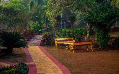 Renkli çizgili banklar bir bahçede