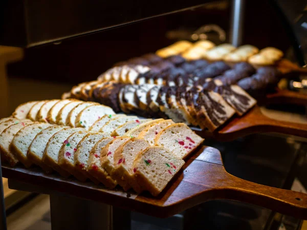 Assorted plum cakes on dessert buffet - cakes closeup