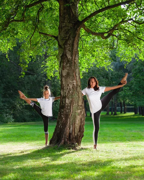 妈妈和小女儿一起在夏天的公园里做体操或在绿草上伸展运动 微笑着 家庭户外运动和活动的概念 健康的生活方式 — 图库照片