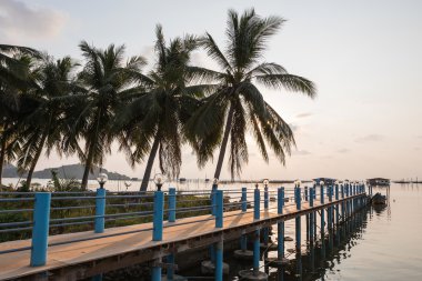 İskele ve yolu ile günbatımı tropikal göl kenarında palmiye ağaçları siluet