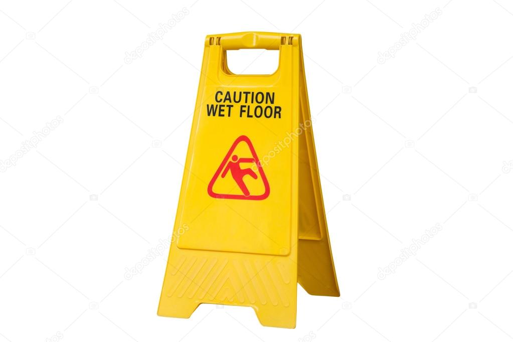 Yellow Caution slippery wet floor sign isolated on white background