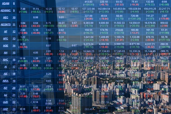 Double exposure of stocks market chart in blue on LED display concept with city scape hong kong background — Stock Photo, Image