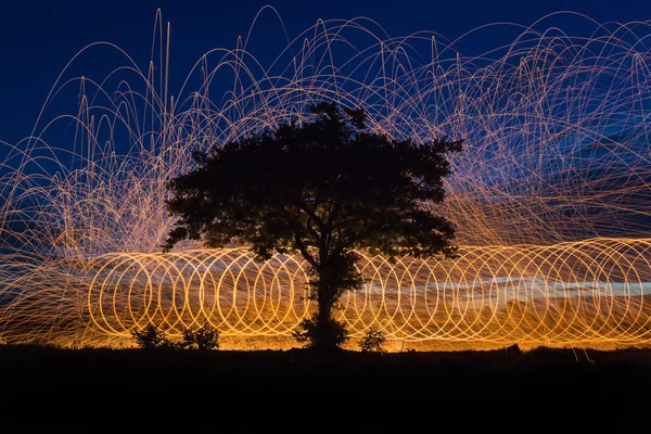 Ring of Fire, hořící drátěnku spin poblíž stromu — Stock fotografie