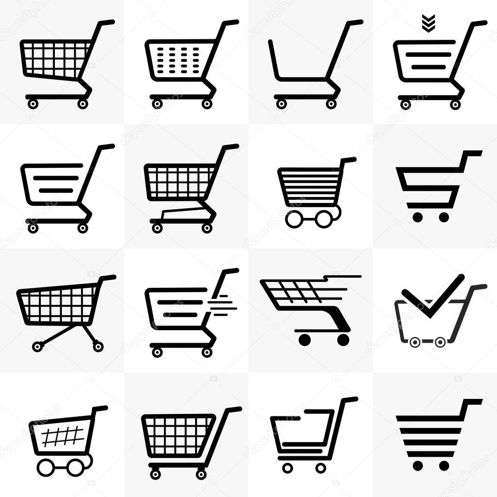 Set of 16 pieces abstract grocery carts on wheels from the supermarket - Vector illustration