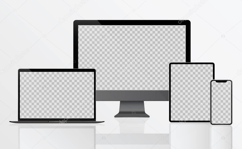PC Monitor, Laptop, Tablet, Smartphone in Black, Silver and White with Reflection - Realistic Vector illustration