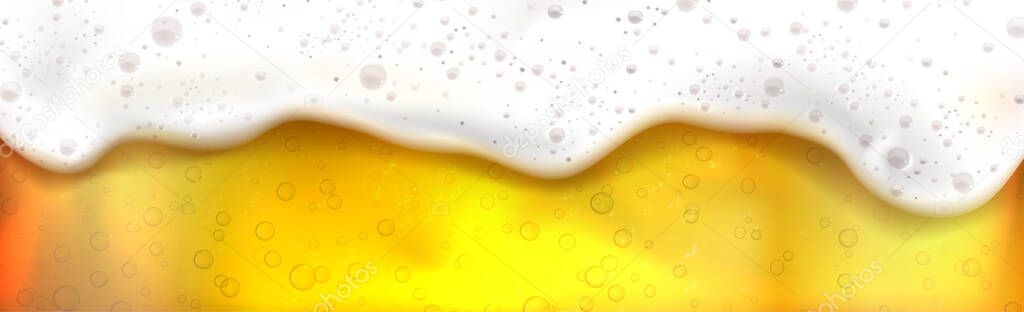 Realistic beer background, foamy drink, dripping drops - Vector illustration