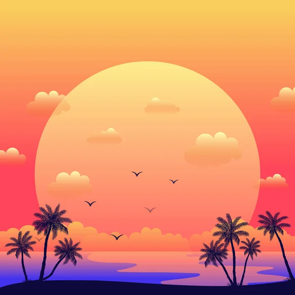 Puesta de sol del mar realista en el fondo de las palmeras - Vector — Vector de stock