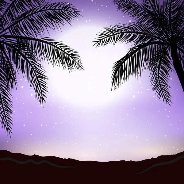 Nachtpanorama auf dem Hintergrund des Strandes mit Palmen — Stockvektor