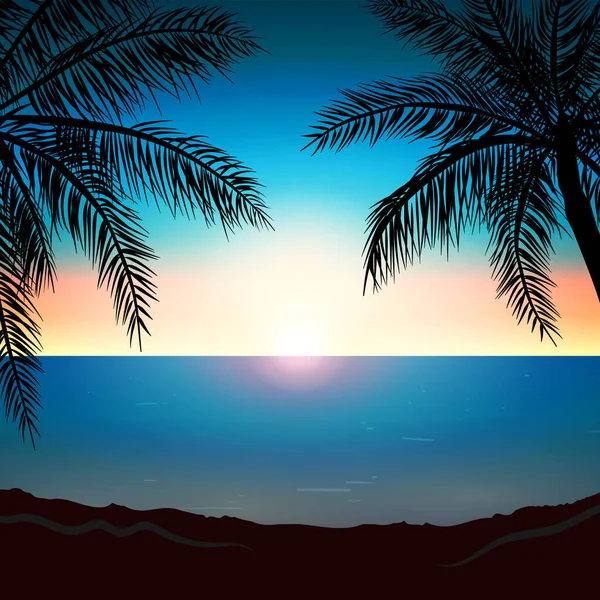 Realistischer Sonnenuntergang am Meer vor Palmen - Vector — Stockvektor