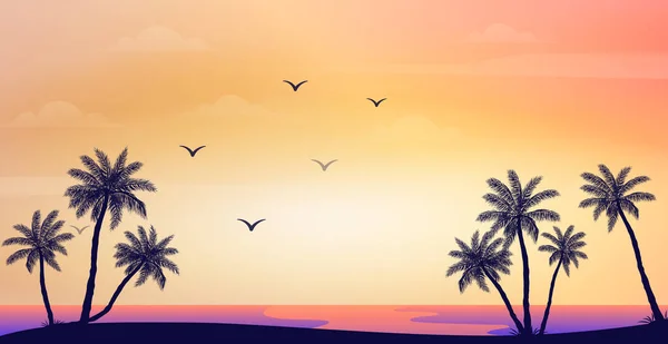 Realistischer Sonnenuntergang am Meer vor Palmen - Vector — Stockvektor