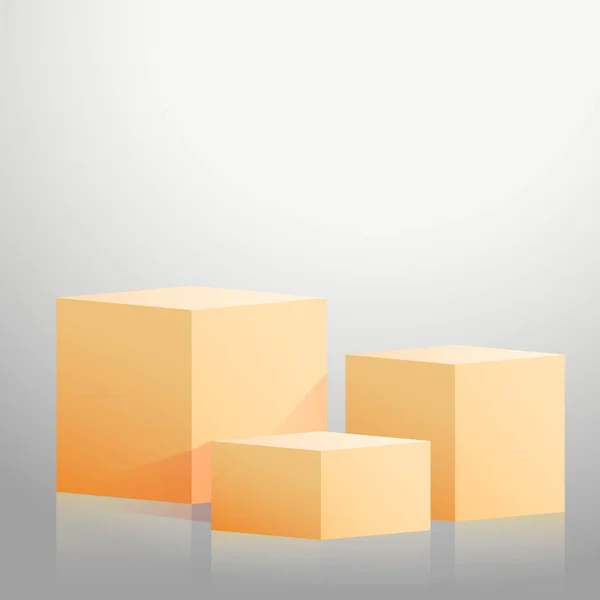 Ρεαλιστικοί Κίτρινοι Κύβοι Κουτιά Γκρι Φόντο Στούντιο Vector Illustration — Διανυσματικό Αρχείο